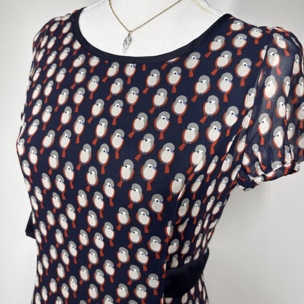 Whimsical Sparrow Dress Women's Sz S Red Brown Little Birds Garden Party Forest
